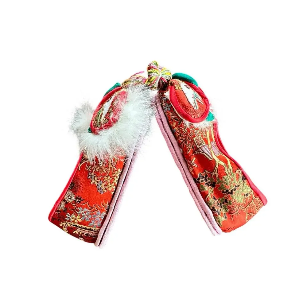 Vintage Pair Child Toddler Chinese Red Dragon Slippers Satin & Fur China 4 3/4”